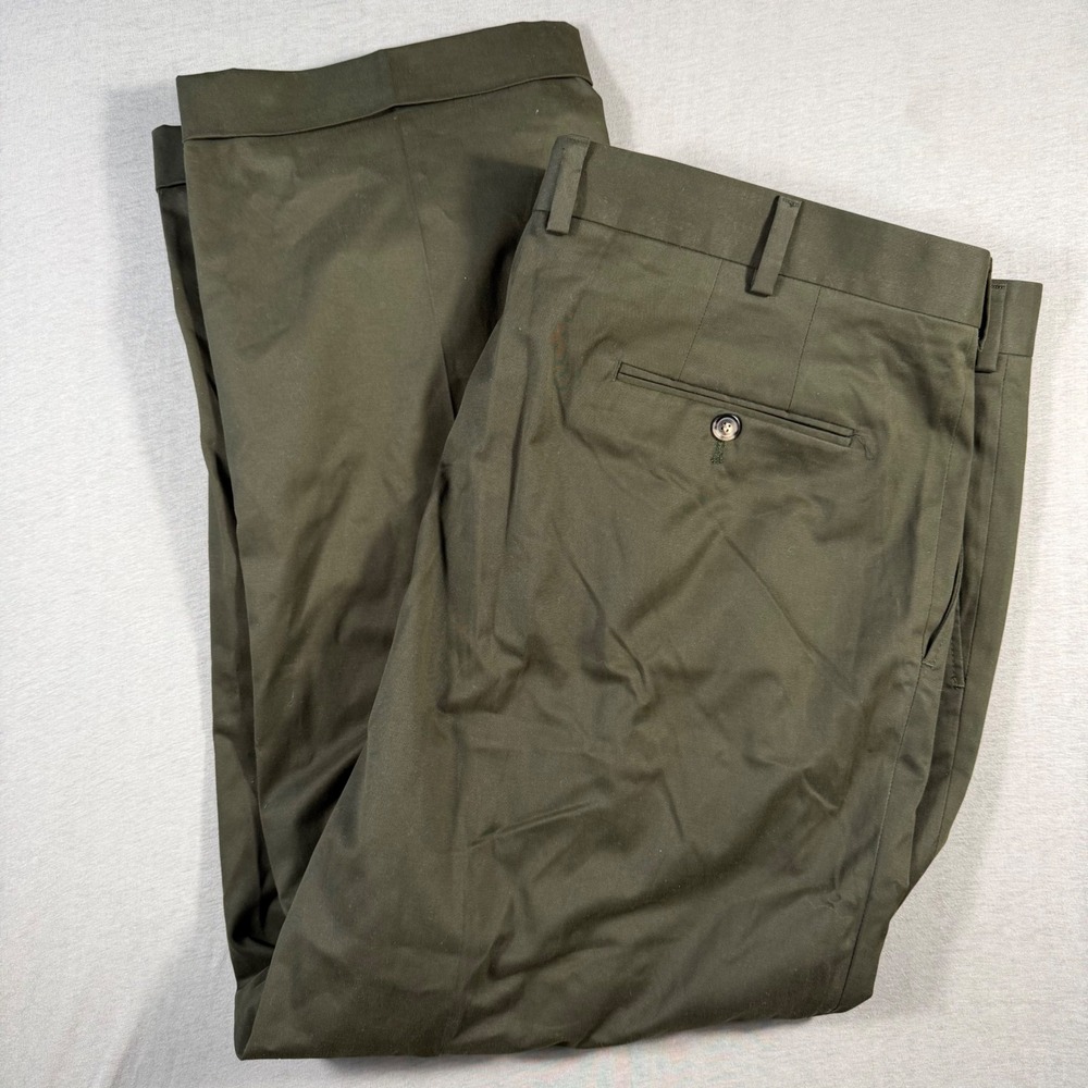 Samuelsohn Mens 44 Long Olive Green Cotton Stretch Flat Front Cuffed Dress Pants